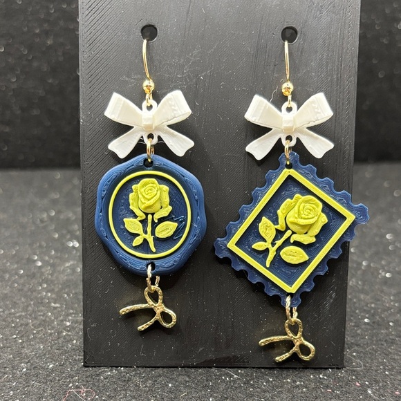 Handmade Jewelry - Navy Postage Stamp Rose Earrings with Bow & Gold Charm